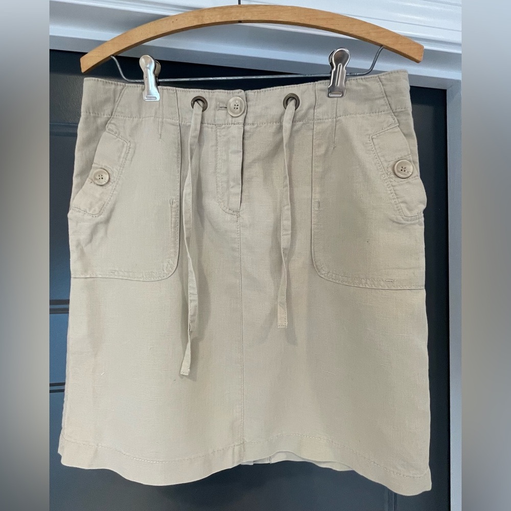 Women’s tan / biege Kenar linen skirt with front & rear pockets, Petite Small